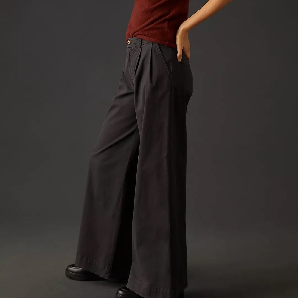 By Anthropologie Mid Rise Washed Black Wide Leg Pleated Trouser Pants - Picture 2 of 13